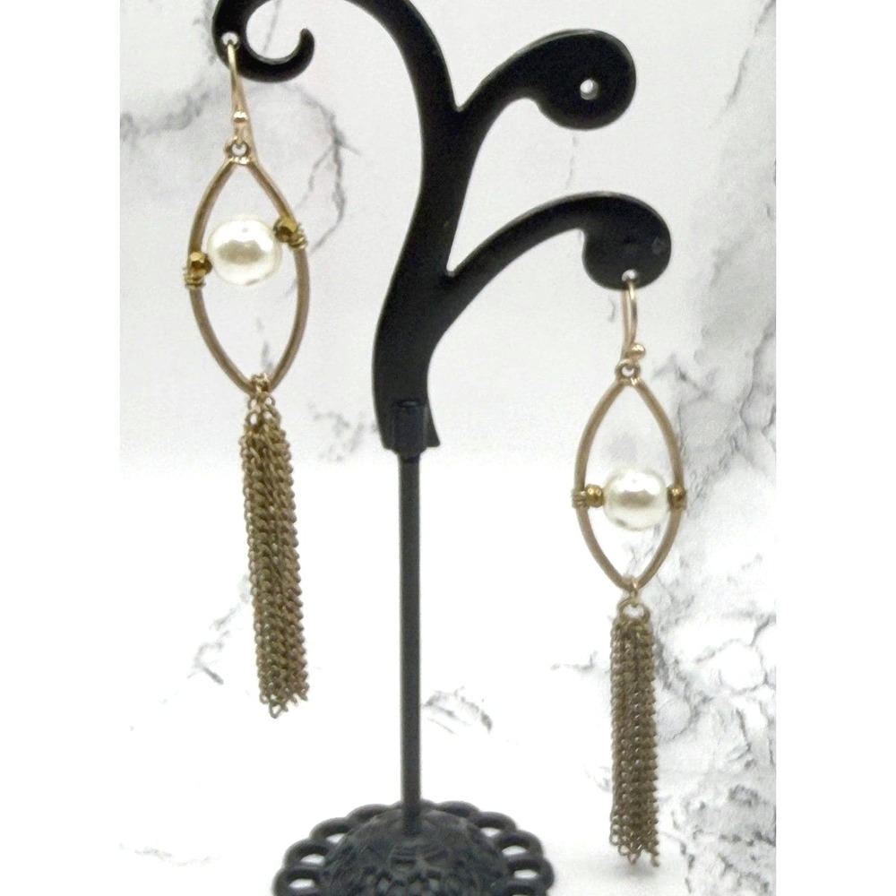 Gold Pearl Fringe Tassel Dangle Earrings 8mm Pearl 2.75"